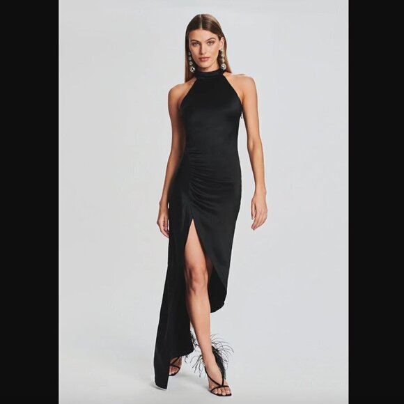 Retrofete Sab Black Satin Maxi Front Slit Bridesmaids Formal Gown Dress L NWT - Picture 1 of 9